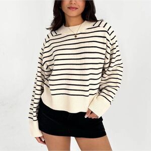 ZARA | Black Cream Ivory Knit Sweater Boxy High Neck Oversized | Size Medium